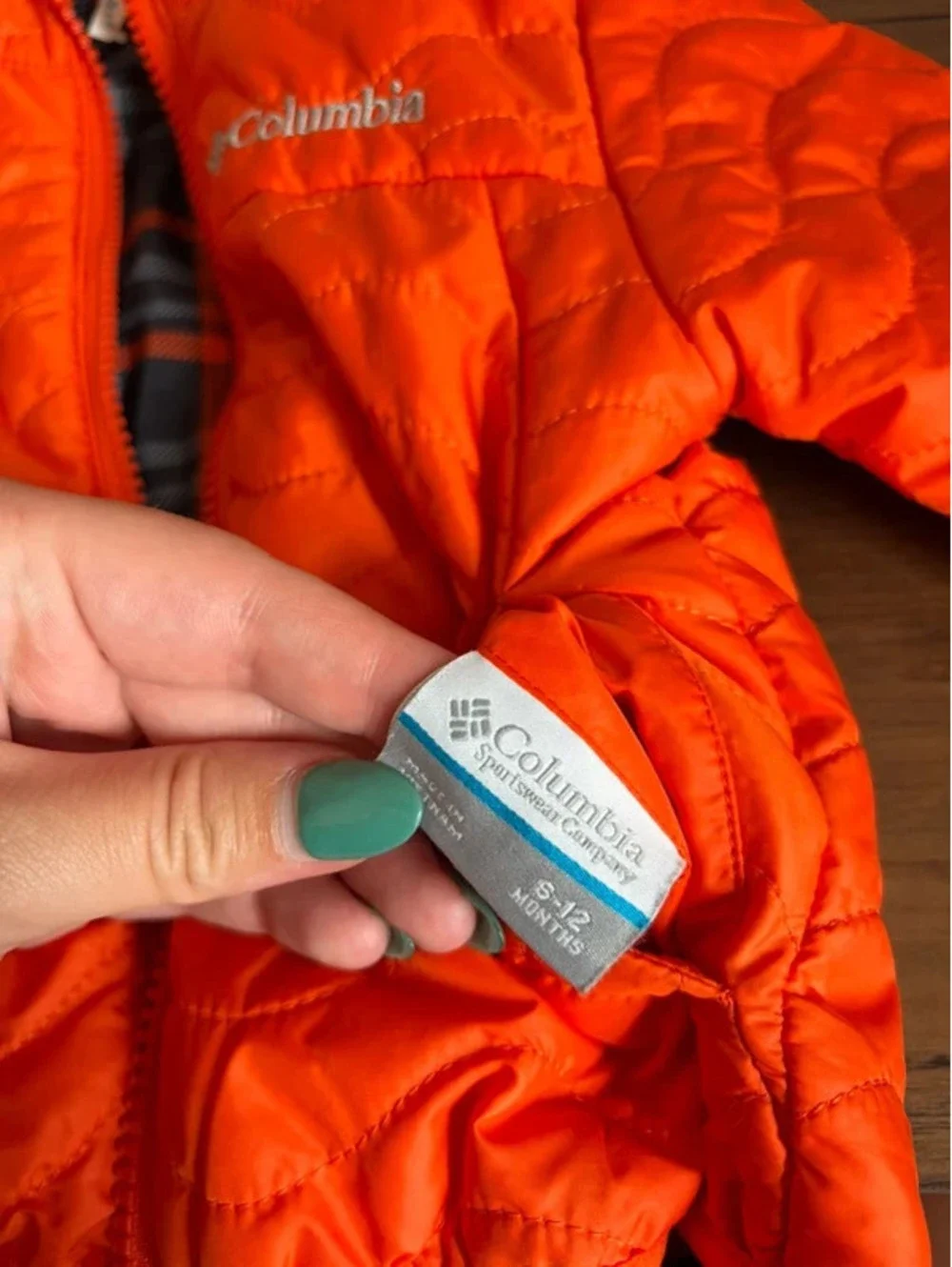 Columbia Reversible Orange/Plaid Puffer Coat size 6-12M